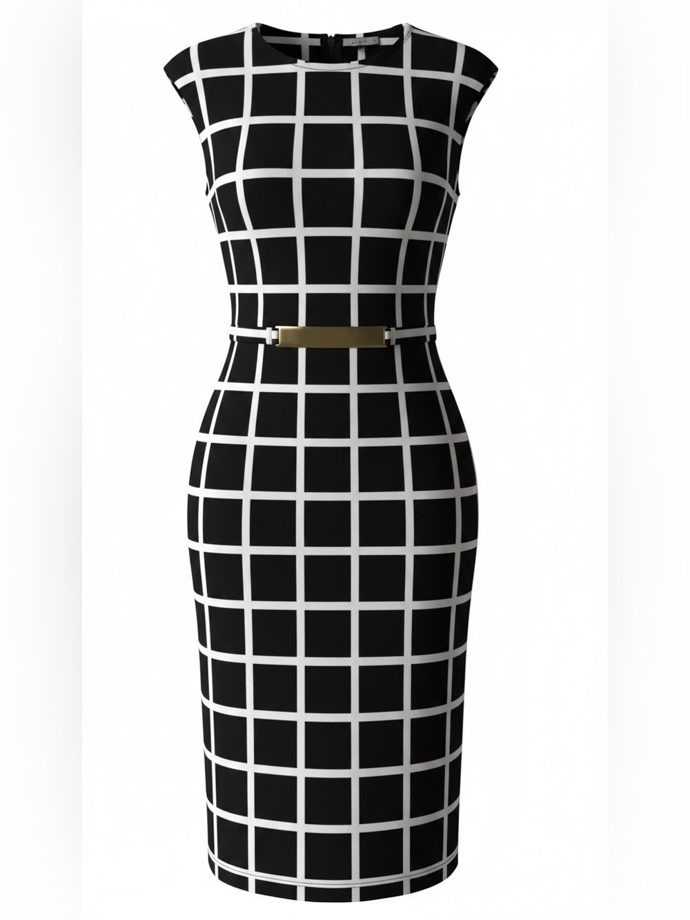 Grid-Pattern Black Sheath Dress with Waist Accent